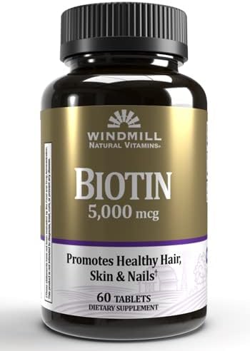 Windmill Natural Vitamins Biotin 5000 mcg, Supports Healthy Hair, Skin & Nails, Metabolism Booster, 60 Count, 60 Servings