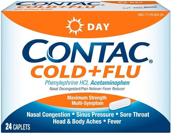 Contac Cold + Flu Maximum Strength Acetaminophen Daytime Multi-Symptom Relief for Nasal Congestion, Sinus Pressure, Sore Throat, Head & Body Aches, Fever, Non-Drowsy, 24 Caplets
