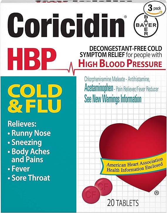 Coricidin HBP Cold & Flu Tablets, 20 ea (Pack of 3)