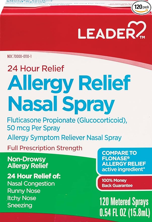 Leader 24 Hour All Day Allergy Relief Nasal Spray, Fluticasone Propionate, 50 mcg Per Spray, 120 Sprays, Pack of 2