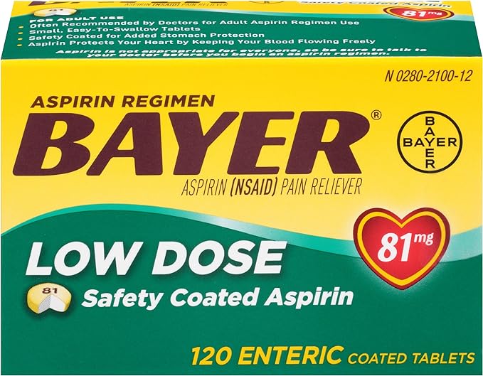 Bayer Aspirin Regimen Low Dose 81mg Enteric Coated Pain Reliever Tablets, 120 Count
