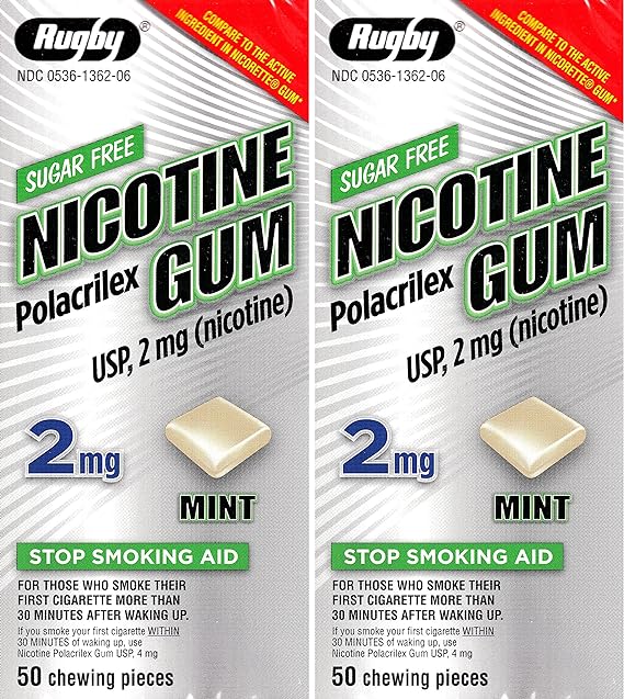 Nicotine Gum 2mg Sugar Free Mint Flavor Generic for Nicorette 50 Pieces per Box Pack of 2 Total 100 Pieces
