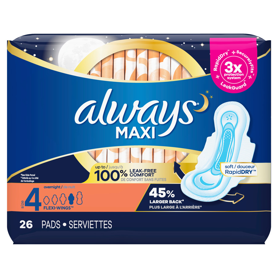 Always Maxi Pads With Flexi-wings Overnight 26 Ct (To Receive Case Equivalent Order 6) , Pads-absorbent